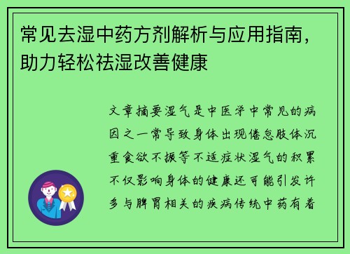 常见去湿中药方剂解析与应用指南，助力轻松祛湿改善健康