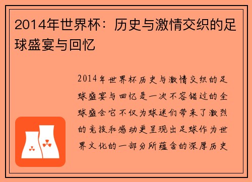 2014年世界杯：历史与激情交织的足球盛宴与回忆